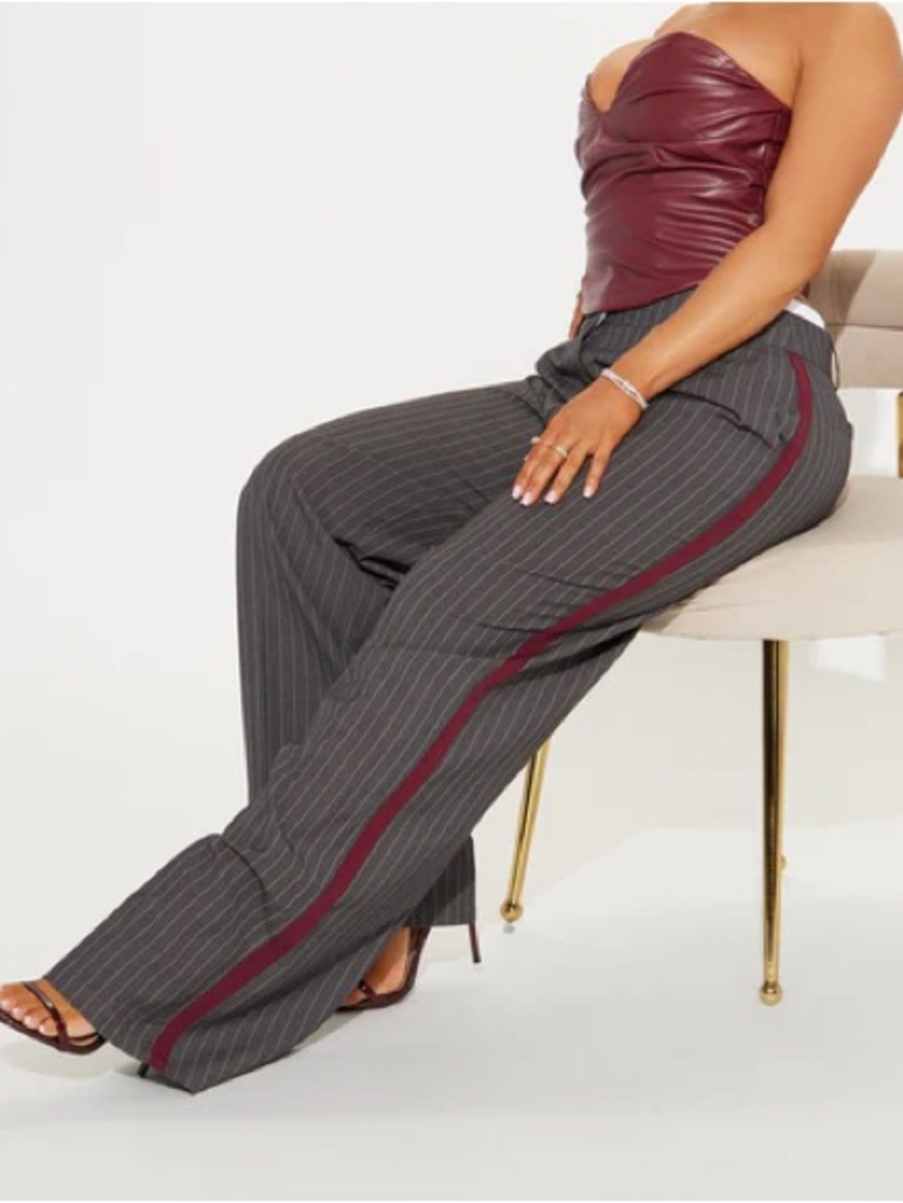 High-Waist Pinstripe Wide-Leg Pants with Side Stripe - Gray/Burgundy